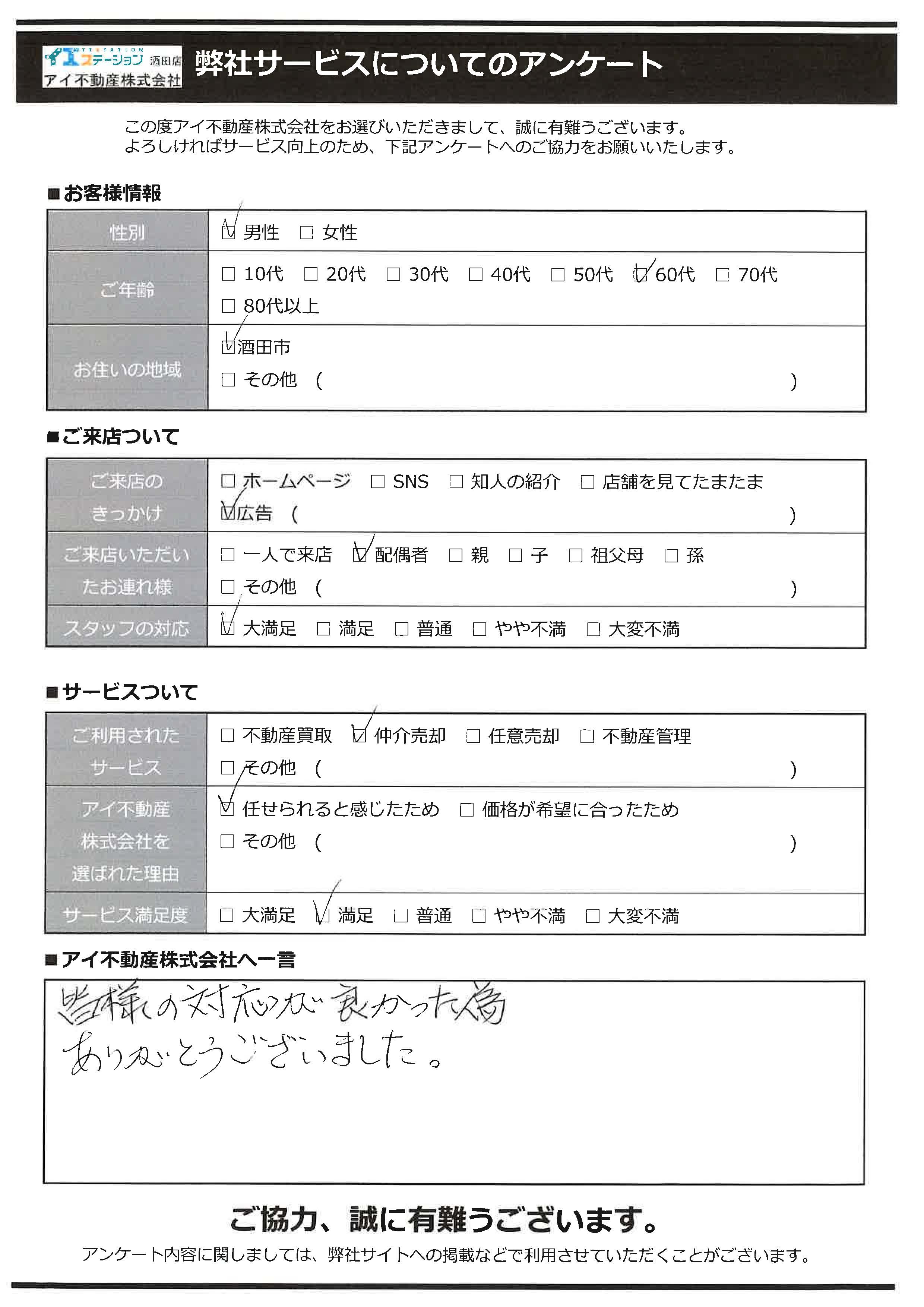 酒田市空家売却オーナー様　1中学区　